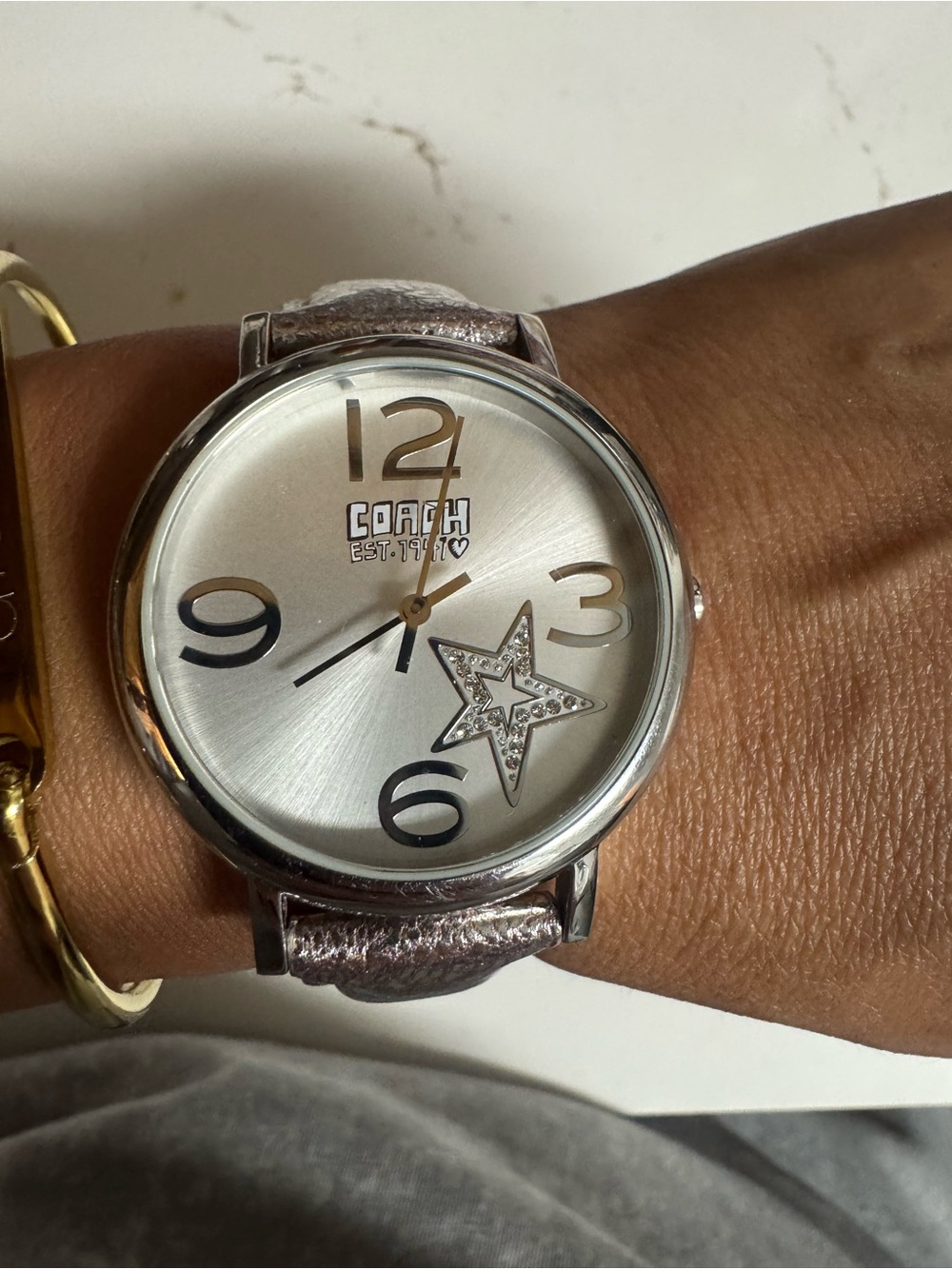 COACH Poppy Women's Silver Round Star Dial Leather Strap Watch